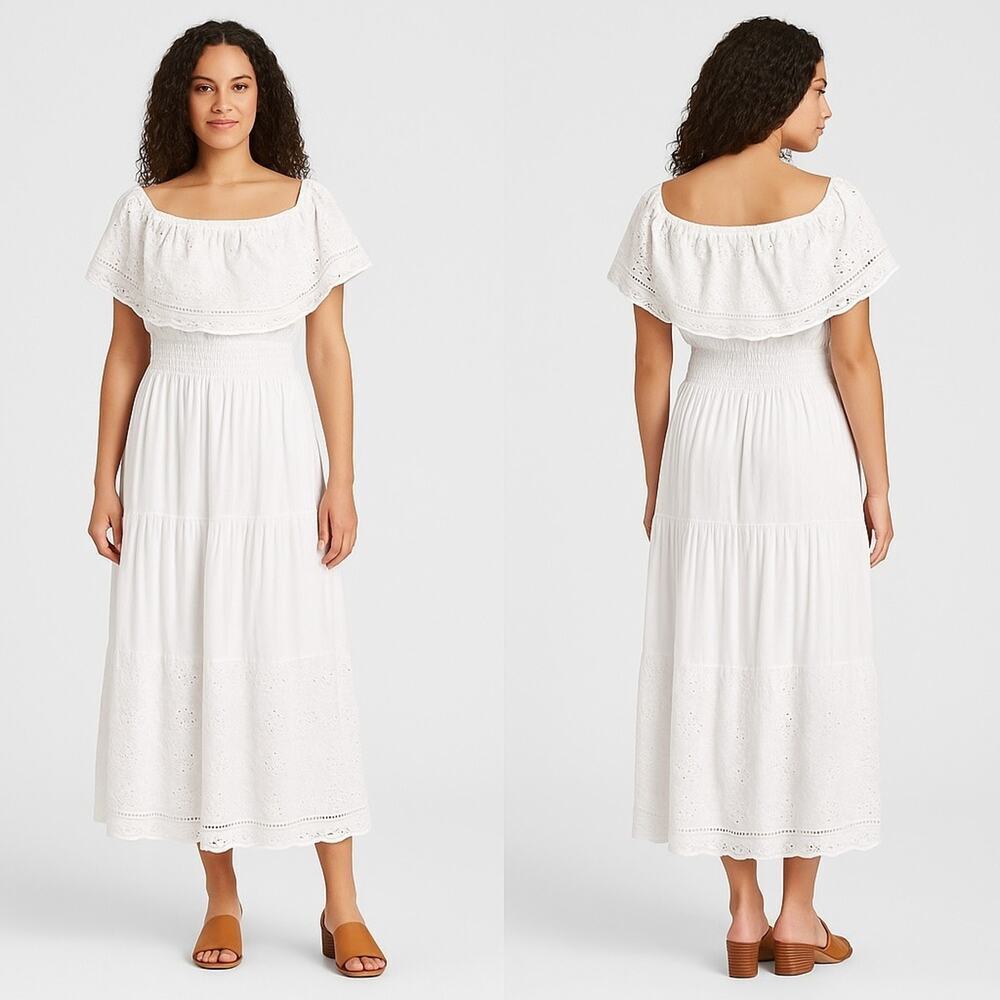NAOO Nation AK Outfits Boho, Tiered, Off-Shoulder, White Maxi Dress, 1X